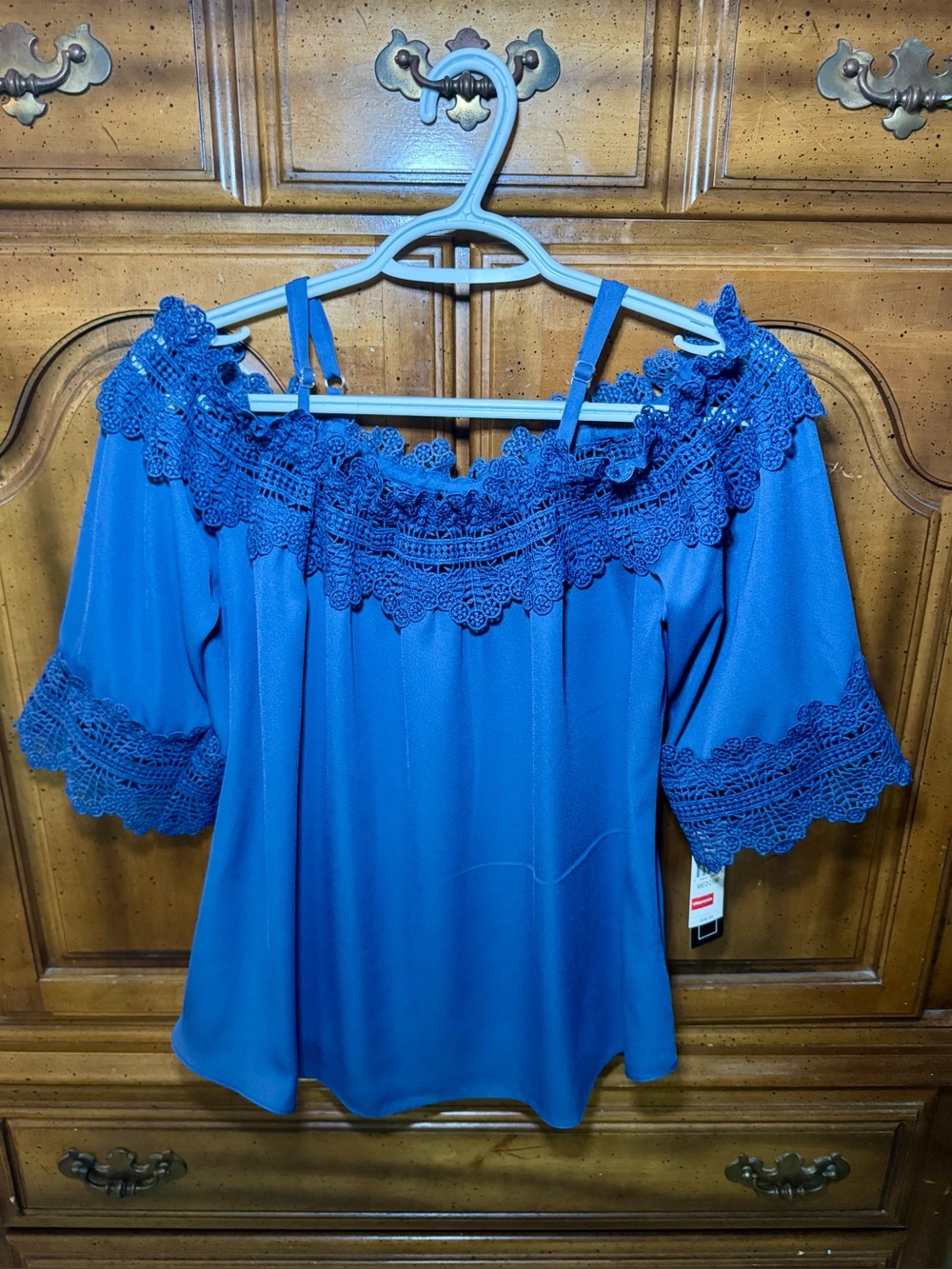 NWT A. Byer Royal Blue Cold Shoulder Crochet Lace Boho Blouse Top M